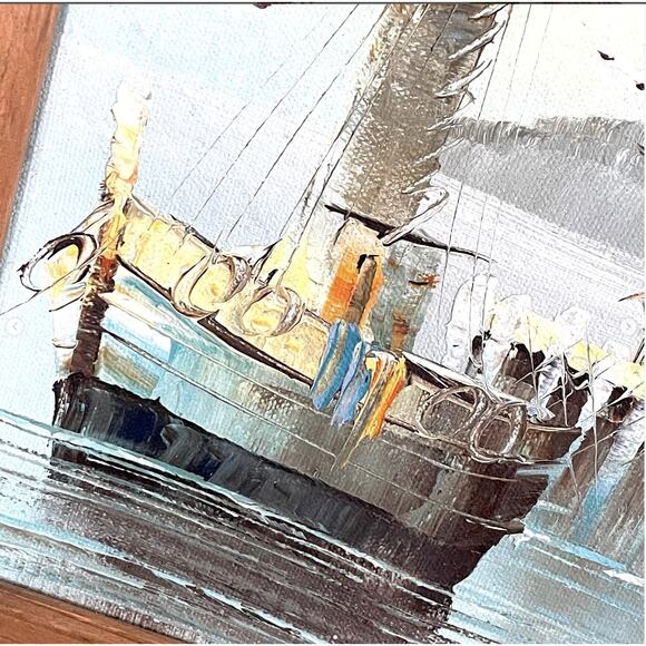 Vintage Boat Painting Canvas Signed Docked Harbor Framed Water Seascape Scenery - Picture 7 of 9